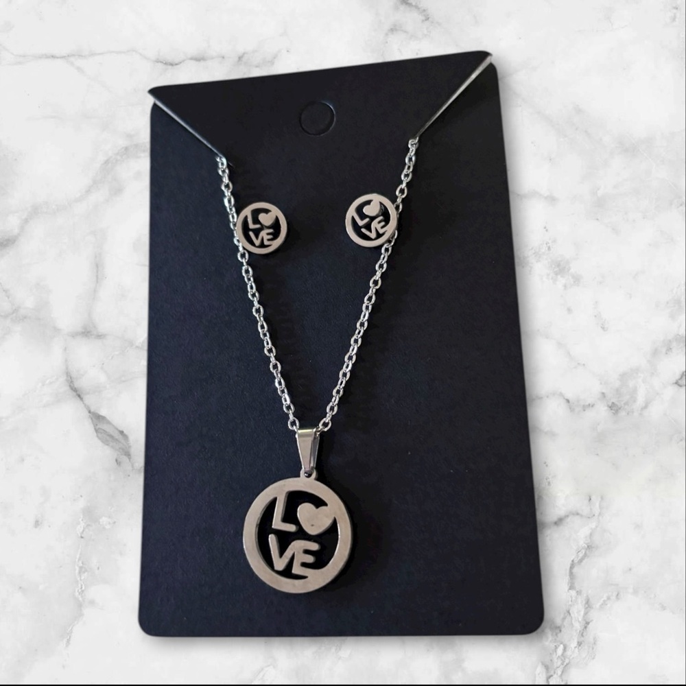Stainless Steel Love ❤️ Earrings and Necklace Set.  18” Chain. New